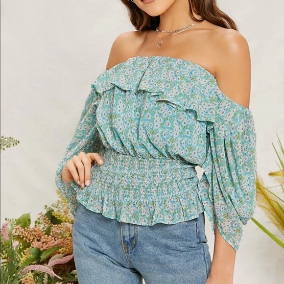 Blue Floral Print Off the Shoulders Boho Draped Sleeve Blouse Top Size Small S - Picture 4 of 9